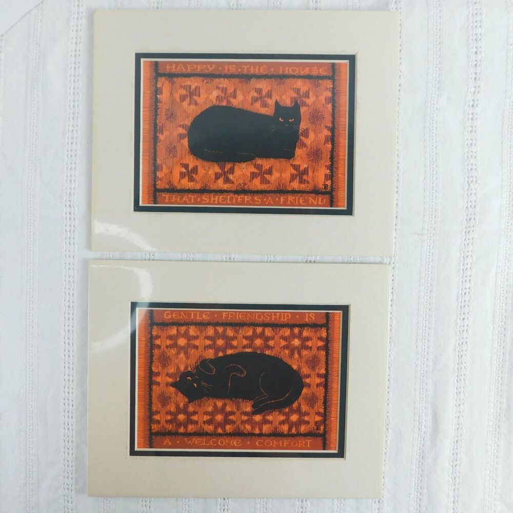 Black Cat Print, Judith Brown Kitty Folk Art Rustic Lot of 2 Portal Litho 8x10
